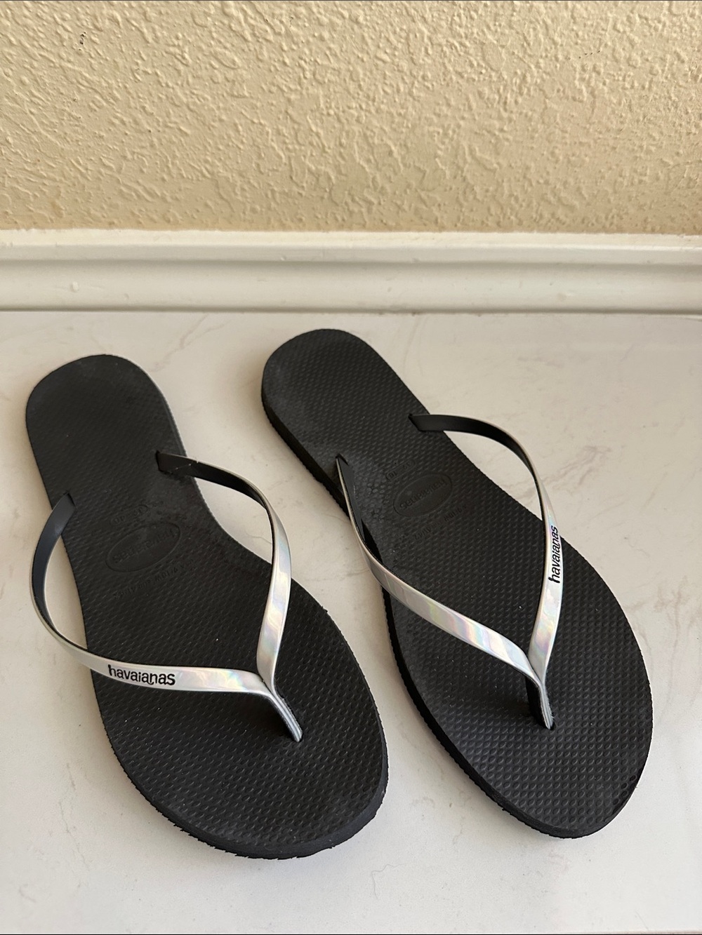 Havaianas Women’s Black Flip Flops with Silver Iridescent Straps